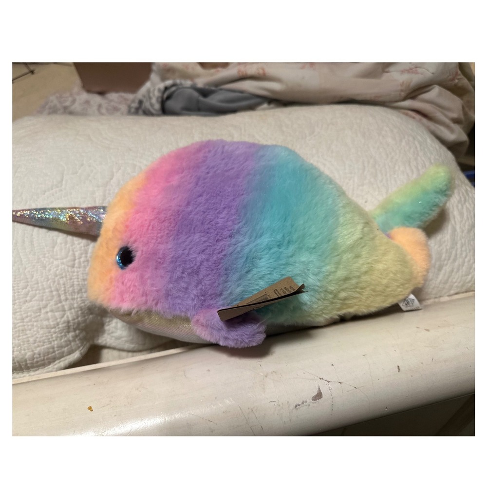 Rainbow Narwhal Plush Stuffed Animal Iridescent Horn Pastel 12 Inch Toy